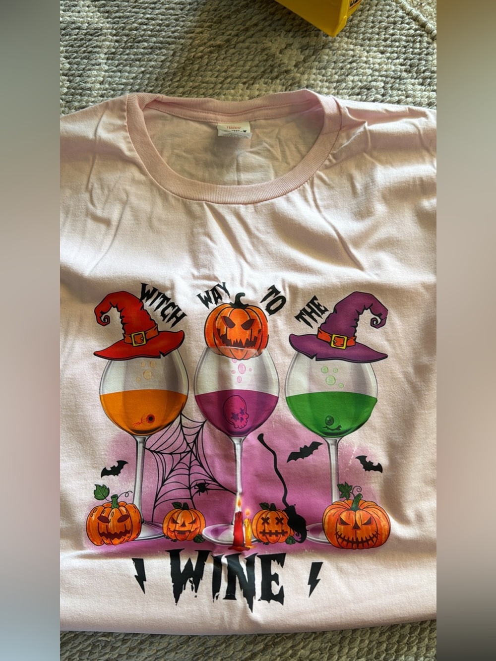 Hanes Light Pink Halloween Wine Glass Witch Graphic Tee